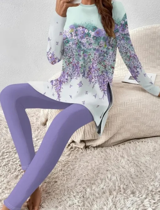 Women's Two Pieces Set Elegant Vacation Fashion T Shirt Pants Sets Long Sleeve Crew Neck Round Neck Floral Graphic Striped Print Casual Daily Casual Daily Purple Summer Regular Fit