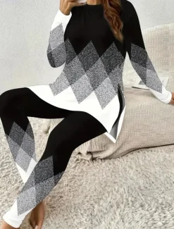 Women's Two Pieces Set Elegant Vacation Fashion T Shirt Pants Sets Long Sleeve Crew Neck Round Neck Graphic Striped Print Casual Daily Casual Daily Black Red Blue Summer Regular Fit