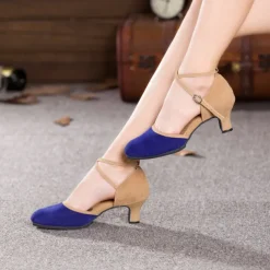 Women's Two-Tone Blue and Beige Suede Cross-Strap Dance Shoes, Comfortable Heels for Latin and Ballroom Dancing