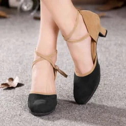 Women's Two-Tone Blue and Beige Suede Cross-Strap Dance Shoes, Comfortable Heels for Latin and Ballroom Dancing