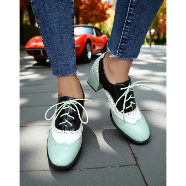 Women's Two-Tone Oxford Block Heel Shoes – Retro Lace-Up Brogues in Mint Green and Metallic for 1950s-Inspired Street Style, Daily Outfits, and Casual Events