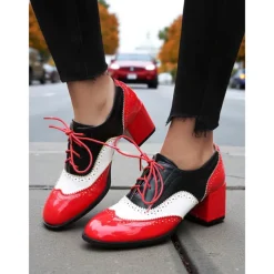 Women's Two-Tone Oxford Block Heel Shoes – Retro Lace-Up Brogues in Mint Green and Metallic for 1950s-Inspired Street Style, Daily Outfits, and Casual Events