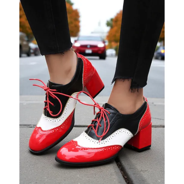 Women's Two-Tone Oxford Block Heel Shoes – Retro Lace-Up Brogues in Mint Green and Metallic for 1950s-Inspired Street Style, Daily Outfits, and Casual Events