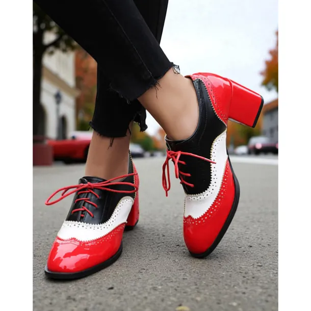 Women's Two-Tone Oxford Block Heel Shoes – Retro Lace-Up Brogues in Mint Green and Metallic for 1950s-Inspired Street Style, Daily Outfits, and Casual Events