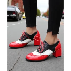 Women's Two-Tone Oxford Block Heel Shoes – Retro Lace-Up Brogues in Mint Green and Metallic for 1950s-Inspired Street Style, Daily Outfits, and Casual Events