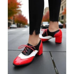 Women's Two-Tone Oxford Block Heel Shoes – Retro Lace-Up Brogues in Mint Green and Metallic for 1950s-Inspired Street Style, Daily Outfits, and Casual Events