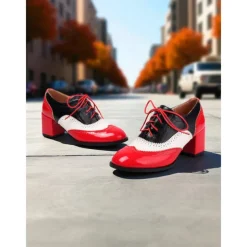 Women's Two-Tone Oxford Block Heel Shoes – Retro Lace-Up Brogues in Mint Green and Metallic for 1950s-Inspired Street Style, Daily Outfits, and Casual Events