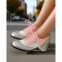 Women's Two-Tone Oxford Block Heel Shoes – Retro Lace-Up Brogues in Mint Green and Metallic for 1950s-Inspired Street Style, Daily Outfits, and Casual Events