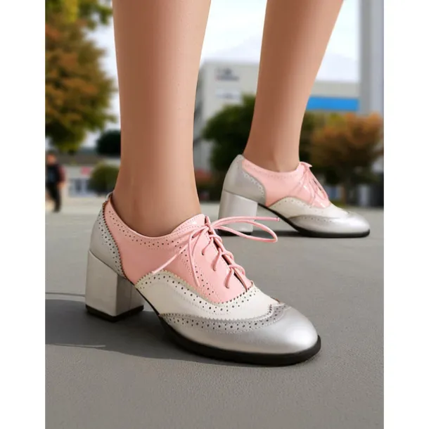 Women's Two-Tone Oxford Block Heel Shoes – Retro Lace-Up Brogues in Mint Green and Metallic for 1950s-Inspired Street Style, Daily Outfits, and Casual Events