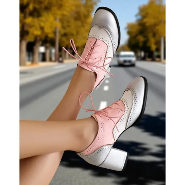 Women's Two-Tone Oxford Block Heel Shoes – Retro Lace-Up Brogues in Mint Green and Metallic for 1950s-Inspired Street Style, Daily Outfits, and Casual Events