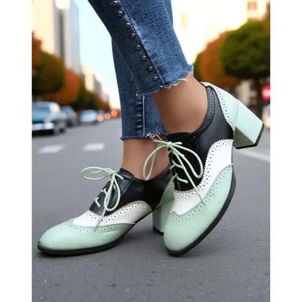 Women's Two-Tone Oxford Block Heel Shoes – Retro Lace-Up Brogues in Mint Green and Metallic for 1950s-Inspired Street Style, Daily Outfits, and Casual Events
