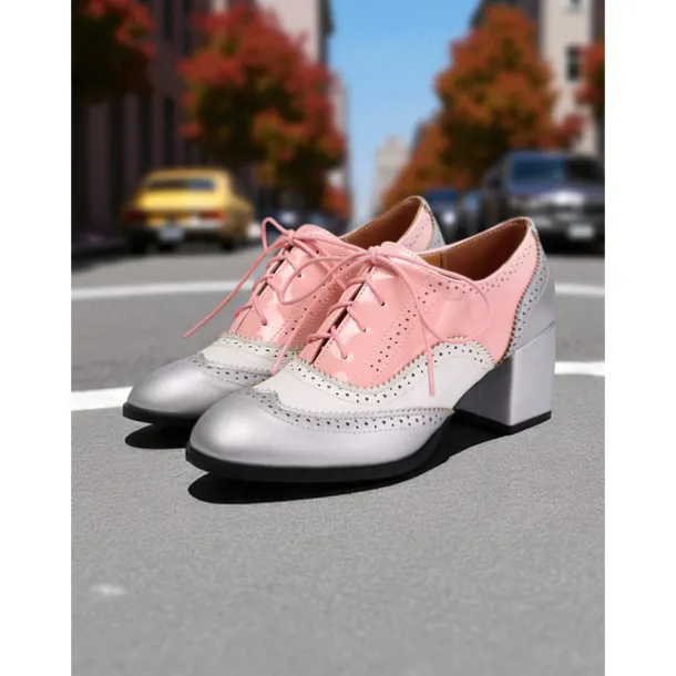 Women's Two-Tone Oxford Block Heel Shoes – Retro Lace-Up Brogues in Mint Green and Metallic for 1950s-Inspired Street Style, Daily Outfits, and Casual Events