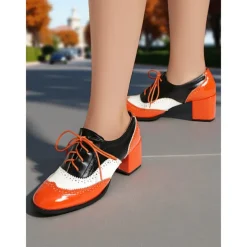 Women's Two-Tone Oxford Block Heel Shoes – Retro Lace-Up Brogues in Mint Green and Metallic for 1950s-Inspired Street Style, Daily Outfits, and Casual Events