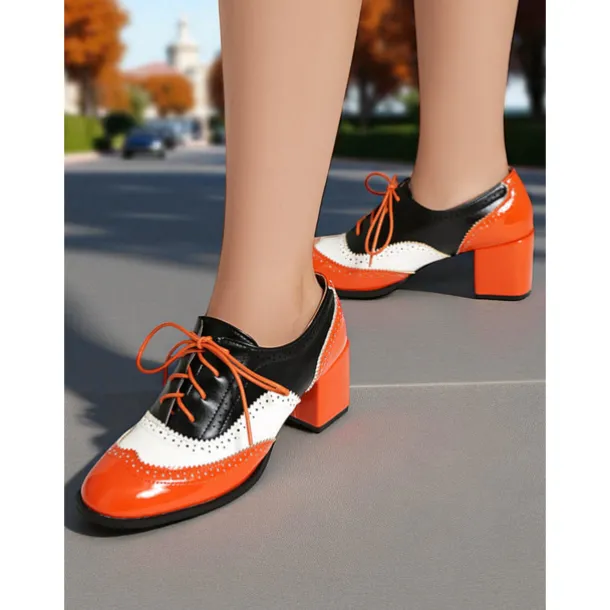 Women's Two-Tone Oxford Block Heel Shoes – Retro Lace-Up Brogues in Mint Green and Metallic for 1950s-Inspired Street Style, Daily Outfits, and Casual Events