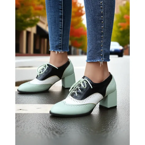 Women's Two-Tone Oxford Block Heel Shoes – Retro Lace-Up Brogues in Mint Green and Metallic for 1950s-Inspired Street Style, Daily Outfits, and Casual Events