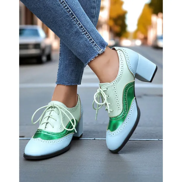 Women's Two-Tone Oxford Block Heel Shoes – Retro Lace-Up Brogues in Mint Green and Metallic for 1950s-Inspired Street Style, Daily Outfits, and Casual Events