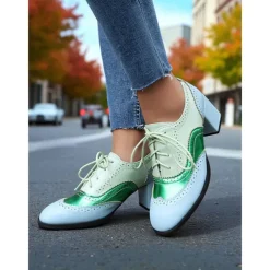Women's Two-Tone Oxford Block Heel Shoes – Retro Lace-Up Brogues in Mint Green and Metallic for 1950s-Inspired Street Style, Daily Outfits, and Casual Events