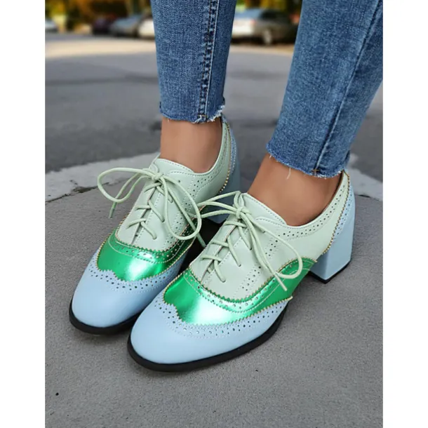 Women's Two-Tone Oxford Block Heel Shoes – Retro Lace-Up Brogues in Mint Green and Metallic for 1950s-Inspired Street Style, Daily Outfits, and Casual Events