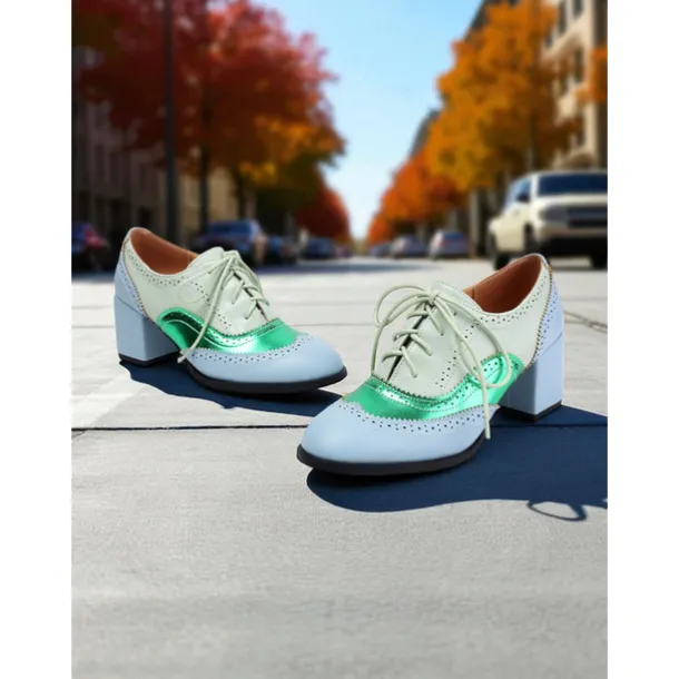 Women's Two-Tone Oxford Block Heel Shoes – Retro Lace-Up Brogues in Mint Green and Metallic for 1950s-Inspired Street Style, Daily Outfits, and Casual Events