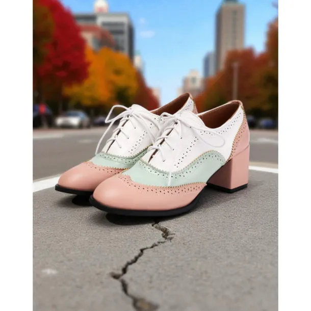 Women's Two-Tone Oxford Block Heel Shoes – Retro Lace-Up Brogues in Mint Green and Metallic for 1950s-Inspired Street Style, Daily Outfits, and Casual Events