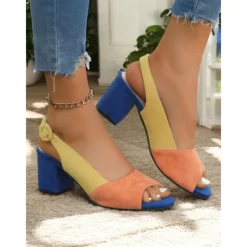 Women's Two-Tone Suede Peep Toe Block Heel Sandals – Stylish and Comfortable Open-Toe Shoes for Office, Parties, and Summer Outings