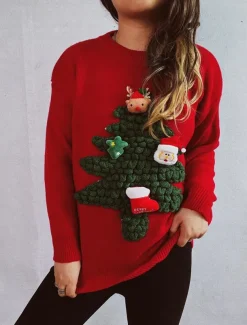 Women's Ugly Sweater Sweaters Crew Neck Ribbed Knit Knitted Fall Winter Outdoor Casual Soft Long Sleeve Tree Black Red