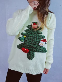 Women's Ugly Sweater Sweaters Crew Neck Ribbed Knit Knitted Fall Winter Outdoor Casual Soft Long Sleeve Tree Black Red