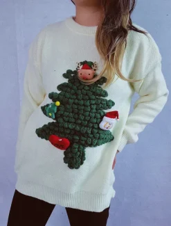 Women's Ugly Sweater Sweaters Crew Neck Ribbed Knit Knitted Fall Winter Outdoor Casual Soft Long Sleeve Tree Black Red