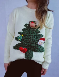 Women's Ugly Sweater Sweaters Crew Neck Ribbed Knit Knitted Fall Winter Outdoor Casual Soft Long Sleeve Tree Black Red