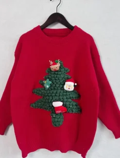 Women's Ugly Sweater Sweaters Crew Neck Ribbed Knit Knitted Fall Winter Outdoor Casual Soft Long Sleeve Tree Black Red