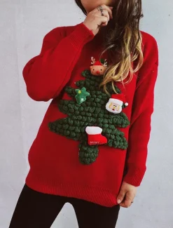 Women's Ugly Sweater Sweaters Crew Neck Ribbed Knit Knitted Fall Winter Outdoor Casual Soft Long Sleeve Tree Black Red