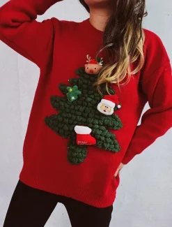 Women's Ugly Sweater Sweaters Crew Neck Ribbed Knit Knitted Fall Winter Outdoor Casual Soft Long Sleeve Tree Black Red