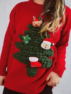 Women's Ugly Sweater Sweaters Crew Neck Ribbed Knit Knitted Fall Winter Outdoor Casual Soft Long Sleeve Tree Black Red