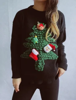 Women's Ugly Sweater Sweaters Crew Neck Ribbed Knit Knitted Fall Winter Outdoor Casual Soft Long Sleeve Tree Black Red