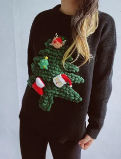 Women's Ugly Sweater Sweaters Crew Neck Ribbed Knit Knitted Fall Winter Outdoor Casual Soft Long Sleeve Tree Black Red