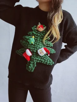 Women's Ugly Sweater Sweaters Crew Neck Ribbed Knit Knitted Fall Winter Outdoor Casual Soft Long Sleeve Tree Black Red