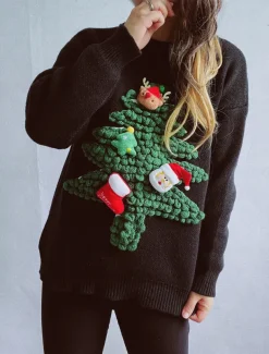 Women's Ugly Sweater Sweaters Crew Neck Ribbed Knit Knitted Fall Winter Outdoor Casual Soft Long Sleeve Tree Black Red