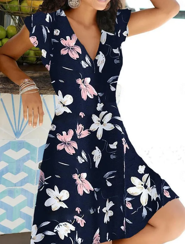 Women's V Neck Flutter Sleeve Mini Dress Short Sleeve Summer Spring