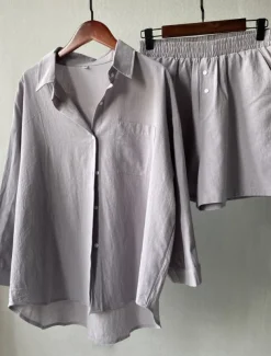 Women's Vacation Fashion Shirt Linen-Inspired Sets Two Piece Sets Beach Shorts Baggy Shorts Short Sleeve Shirt Collar Solid Color Drawstring Daily Wear Date Pink Green Gray Summer Regular Fit