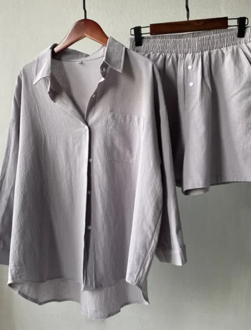 Women's Vacation Fashion Shirt Linen-Inspired Sets Two Piece Sets Beach Shorts Baggy Shorts Short Sleeve Shirt Collar Solid Color Drawstring Daily Wear Date Pink Green Gray Summer Regular Fit