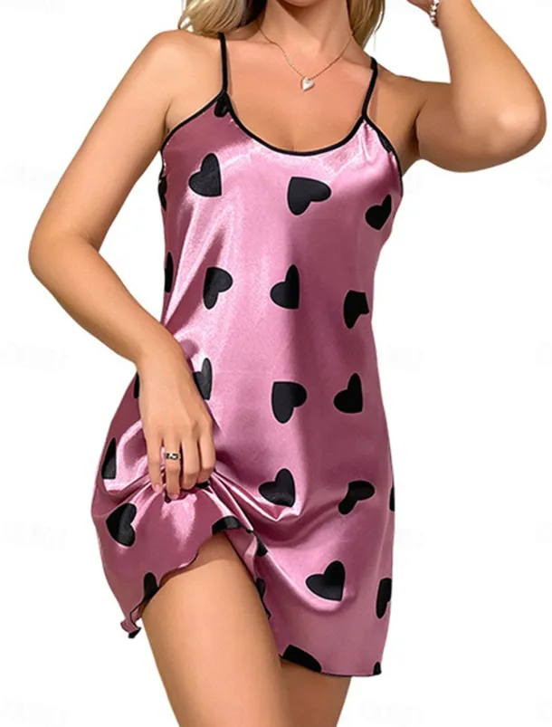 Women's Valentine Dress Pajamas Nightgown Heart Fashion Casual Comfort Home Daily Bed Satin Silk Breathable Straps Sleeveless Backless Summer Spring Home Outfits