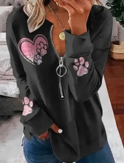 Women's Valentine Heart Sweatshirt Pullover Leopard Casual Sports Round Neck Print Quarter Zip Long Sleeve Black White Yellow Orange Green Fall & Winter