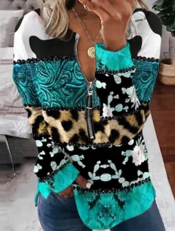 Women's Valentine Heart Sweatshirt Pullover Leopard Casual Sports Round Neck Print Quarter Zip Long Sleeve Black White Yellow Orange Green Fall & Winter