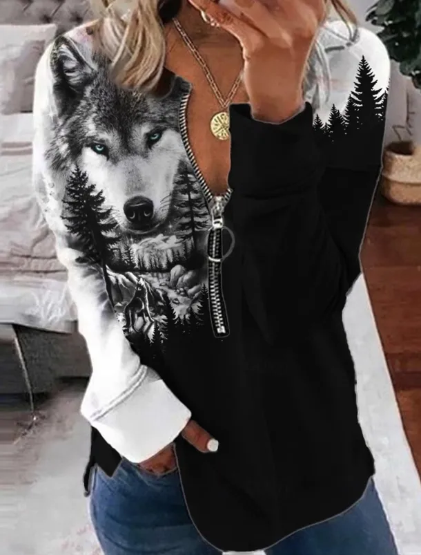 Women's Valentine Heart Sweatshirt Pullover Leopard Casual Sports Round Neck Print Quarter Zip Long Sleeve Black White Yellow Orange Green Fall & Winter