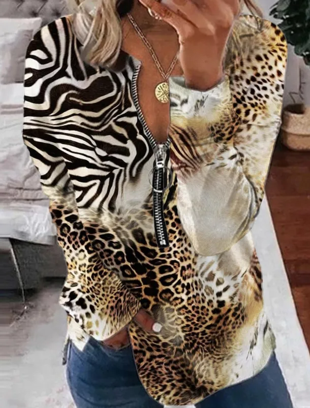 Women's Valentine Heart Sweatshirt Pullover Leopard Casual Sports Round Neck Print Quarter Zip Long Sleeve Black White Yellow Orange Green Fall & Winter