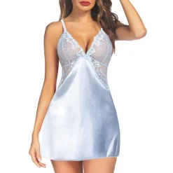 Women's Valentine Night Dress Sexy Lingerie Lace Babydoll Slips Nightwear Home Solid Colored Soft Sweet Light Blue Pink Strap Winter Home Outfits Date Night Outfit
