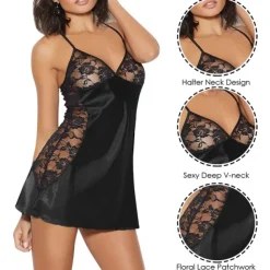 Women's Valentine Night Dress Sexy Lingerie Satin Lace Babydoll Nightgown Home Casual Soft Spring Summer V Neck Home Outfits Date Night Outfit