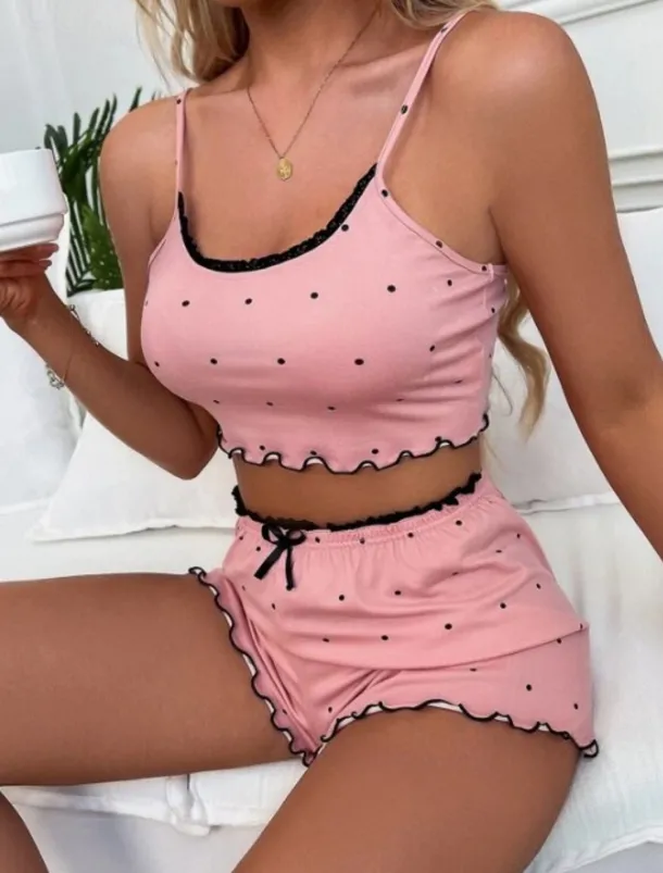 Women's Valentine Pajama Sets 2 Pieces Dot Print Lettuce Trim Crop Cami Top with Shorts Pj Sets Pink Gray 3 3XL Sping Summer Home Outfits