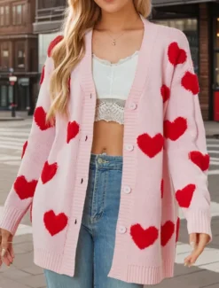 Women's Valentine Pink Sweater Cardigan Casual Soft Heart Ribbed V Neck Buttons Knitted Long Sleeve Regular Tops Knit Outdoor Daily Weekend Black White Fall Winter