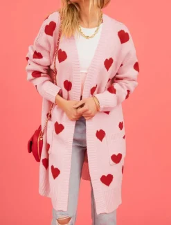 Women's Valentine Pink Sweater Cardigan Elegant Fashion Streetwear Heart V Neck Pocket Knitted Long Sleeve Long Tops Knit Outdoor Daily Weekend Black Pink Fall Winter